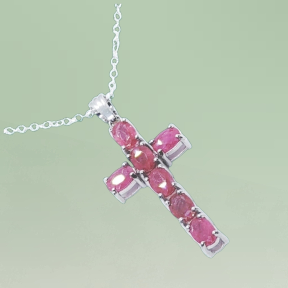 Sterling Silver Lab Grown Pink Sapphire Cross Pendant Necklace. NWOT - Picture 4 of 7